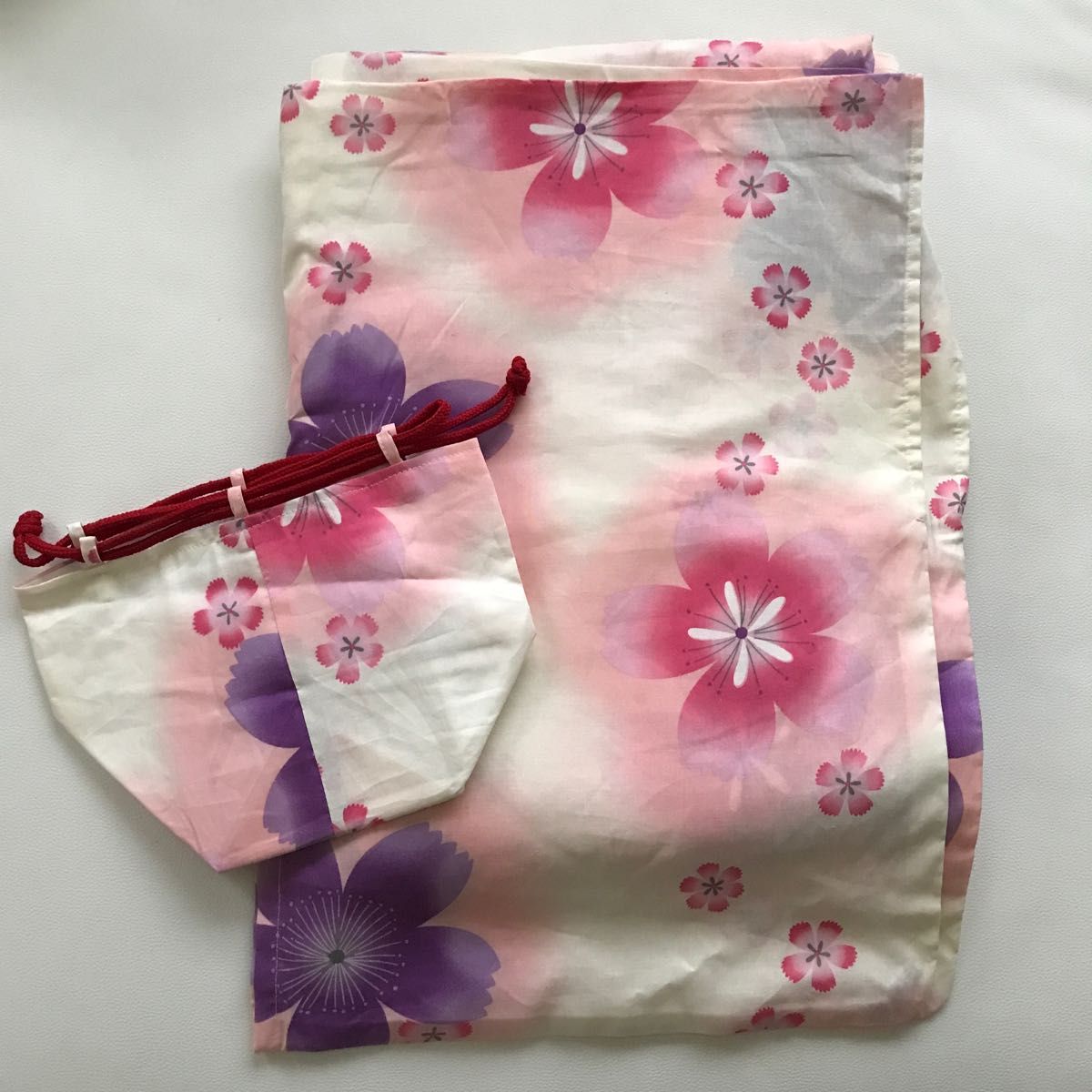 新品未使用 ゆかた 浴衣 桜 白ホワイトピンク 帯巾着セット SM2 浴衣