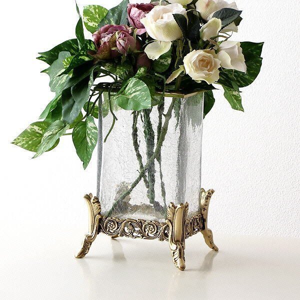 経典ブランド 花瓶 フラワーベース 花びん ebn2459 送料無料(一部地域除く) アンテークスクエア エレガントなガラスベース 花器 ガラス 真鍮 おしゃれ 花瓶