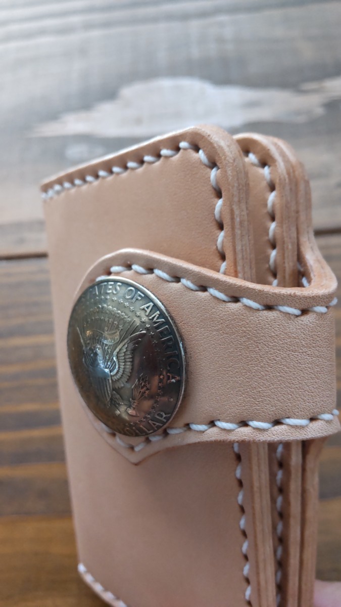 ミニミニウォレット コンパクト財布 栃木サドルレザー ハンドメイド コンチョボタン☆(ナチュラル色)③☆