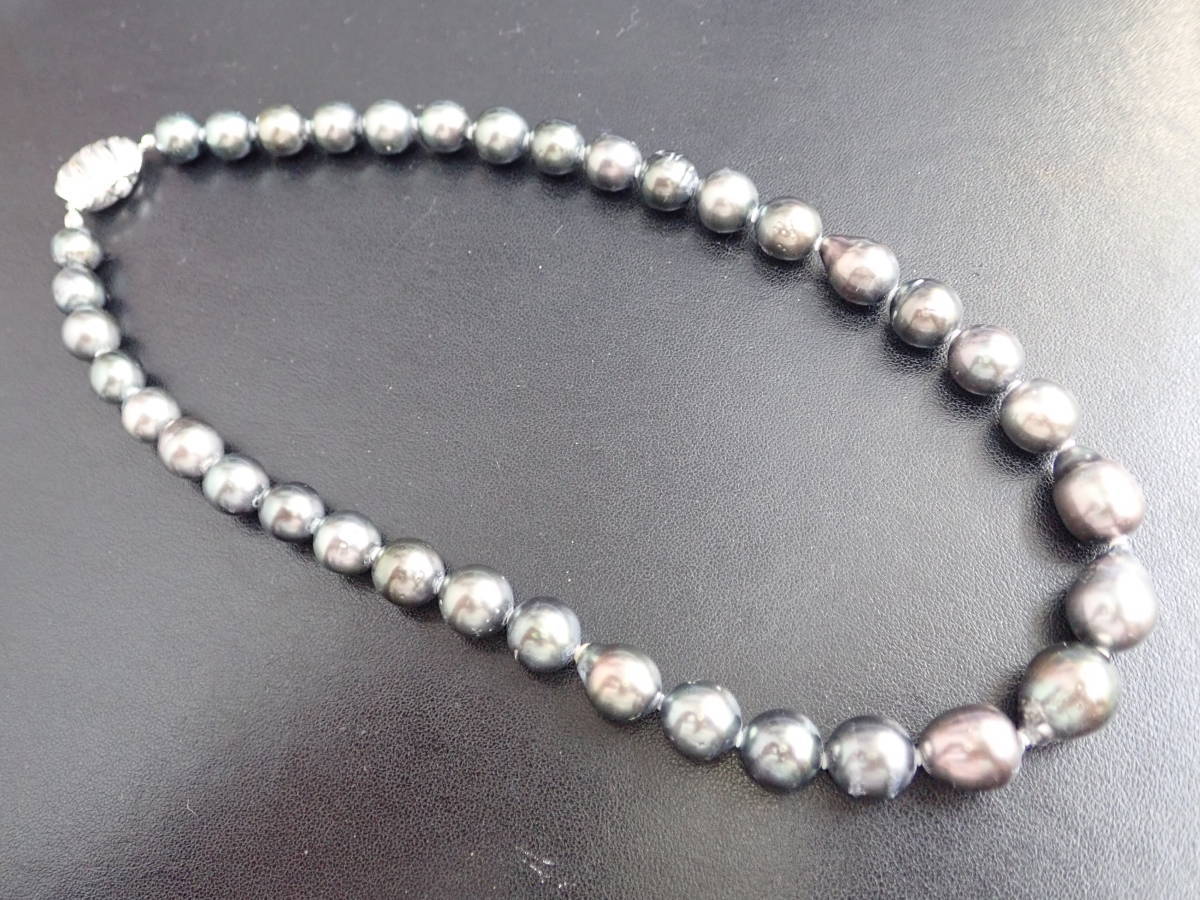 美品 黒蝶真珠 パール ネックレス SILVER刻印 珠 約12㎜-9㎜ 約45㎝ 約