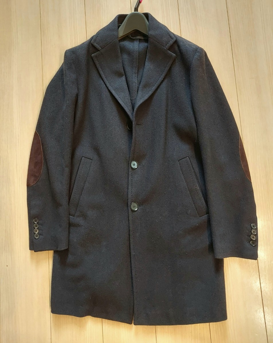 美品】EIDOS カシミヤ混 ヘリンボーン チェスターコート ネイビー 48-