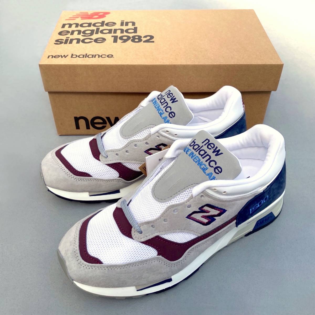 展開店舗限定 UK製 NEW BALANCE M1500NBR US8D 26cm 新品 スウェード イギリス英国製 グレー×ネイビー×バーガンディ NB スニーカー