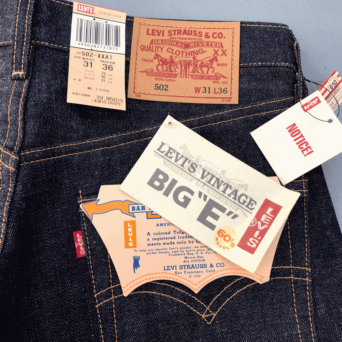 旧日本製 1960年代モデル LEVI'S 502XX W31 L36 リジッド デッドストック BIG E 赤耳 TARONジッパー デニムパンツ ジーンズ 60s 502-XXA1_画像2