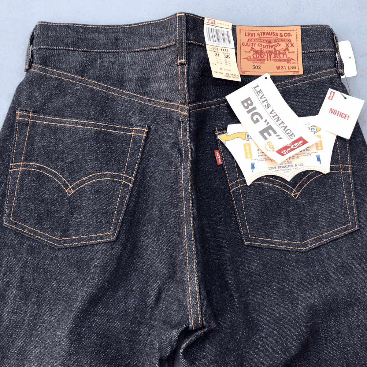 旧日本製 1960年代モデル LEVI'S 502XX W31 L36 リジッド デッドストック BIG E 赤耳 TARONジッパー デニムパンツ ジーンズ 60s 502-XXA1_画像1