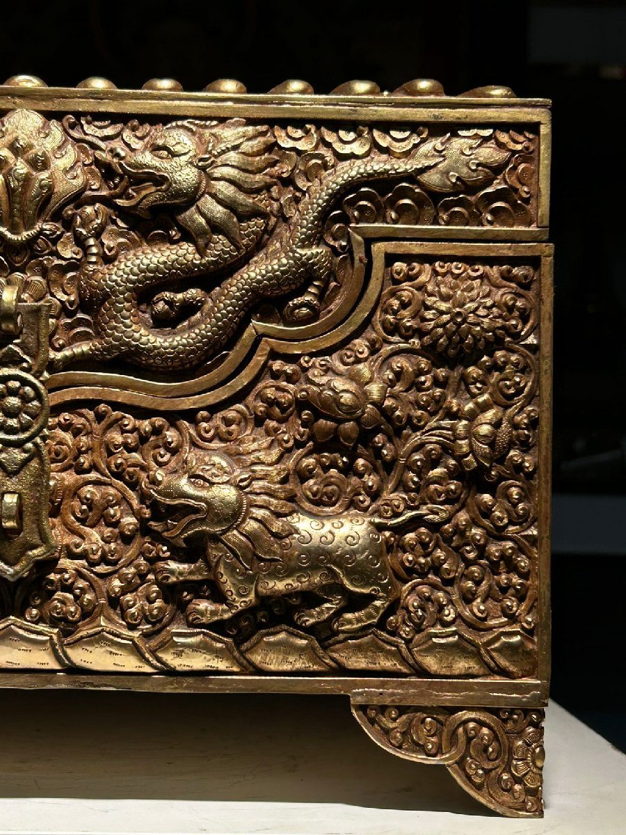 ◇鶴鳴堂◇中国・清時代古銅金彩金翅鳥・龍鳳・麒麟紋官箱極細工古置物
