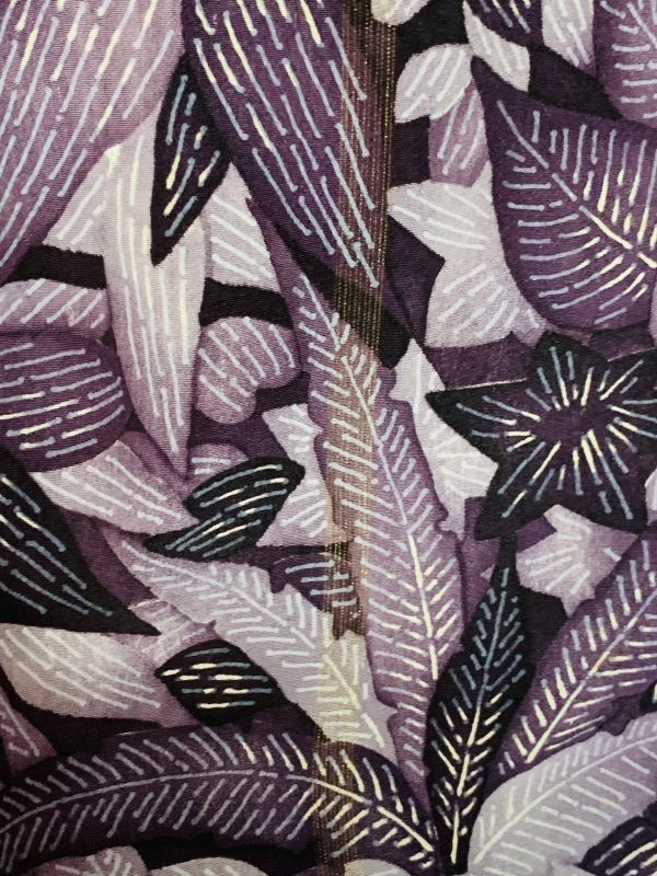 婦人　女性　小紋羽織　袷　正絹縮緬　紫色のグラデーションに草花紋様の染　羽織紐付　丈81cm　小紋や紬に　コスプレにも　保管品_画像6