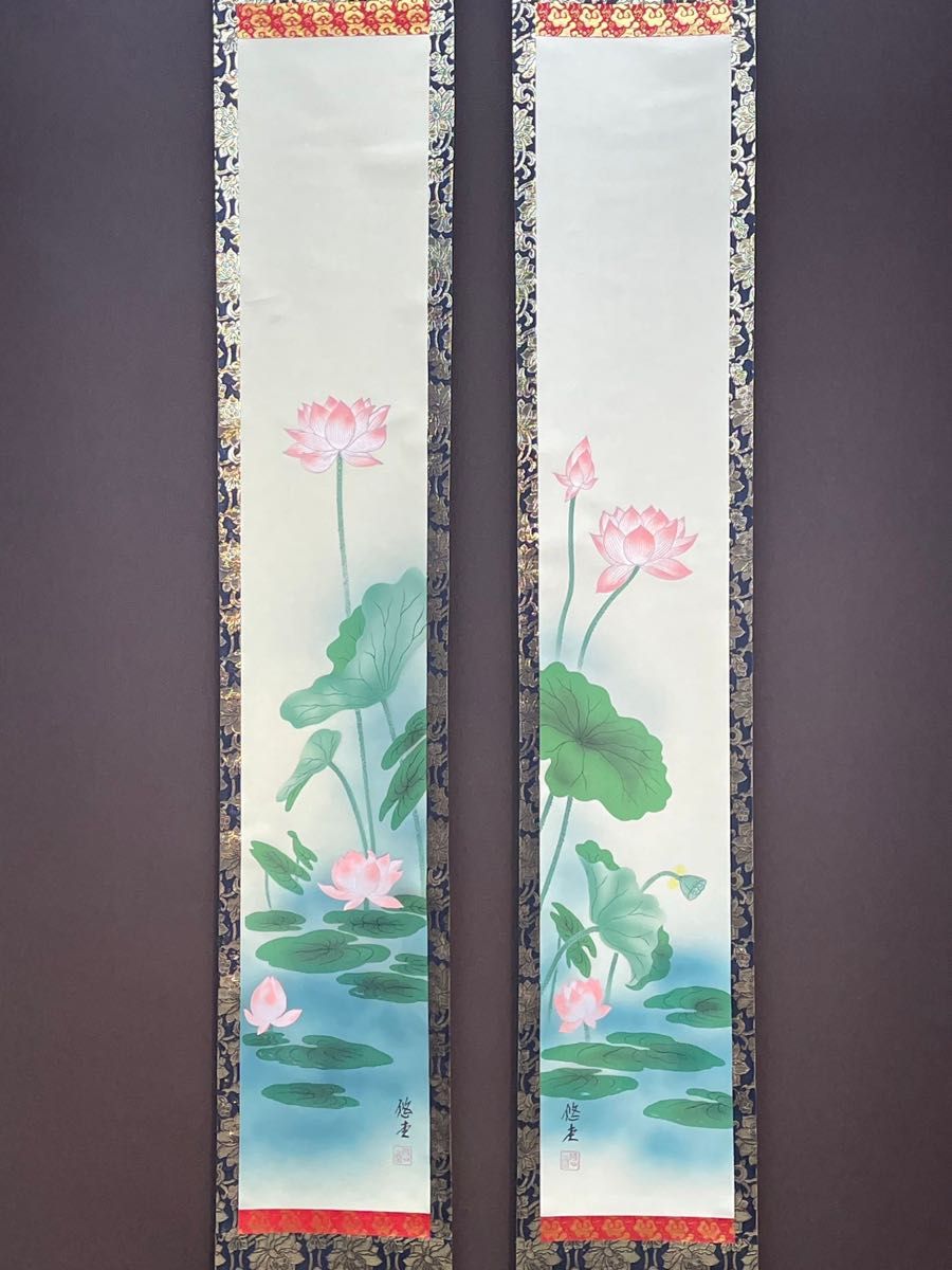 悠堂筆蓮華双幅絹本彩色画肉筆共箱【悠堂自題箱】タトウ箱模写118 悠堂筆蓮華双幅絹本彩色画肉筆共箱【悠堂自題箱】タトウ箱模写118
