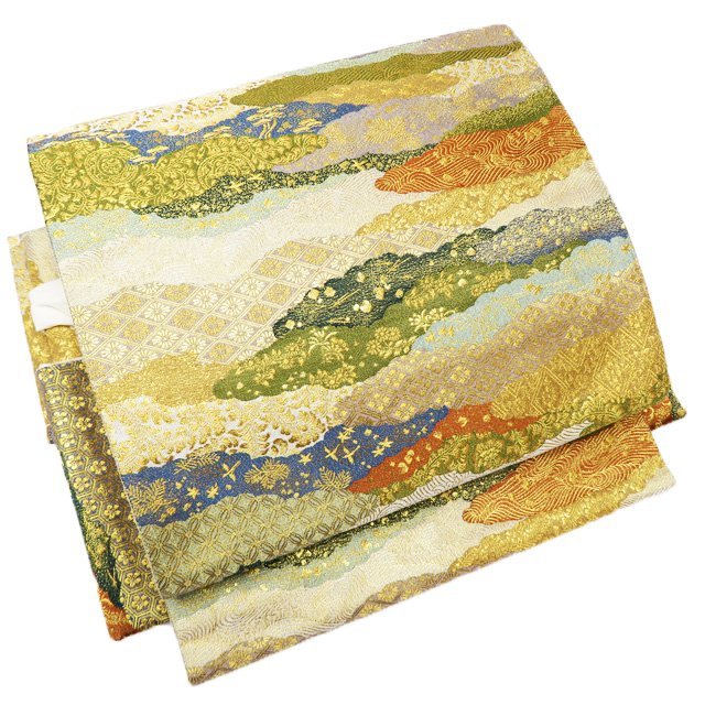 作り帯 付け帯 つけ帯  リサイクル 正絹 フォーマル 雲取り 割付文様 多色 金 きもの北條 A896-15