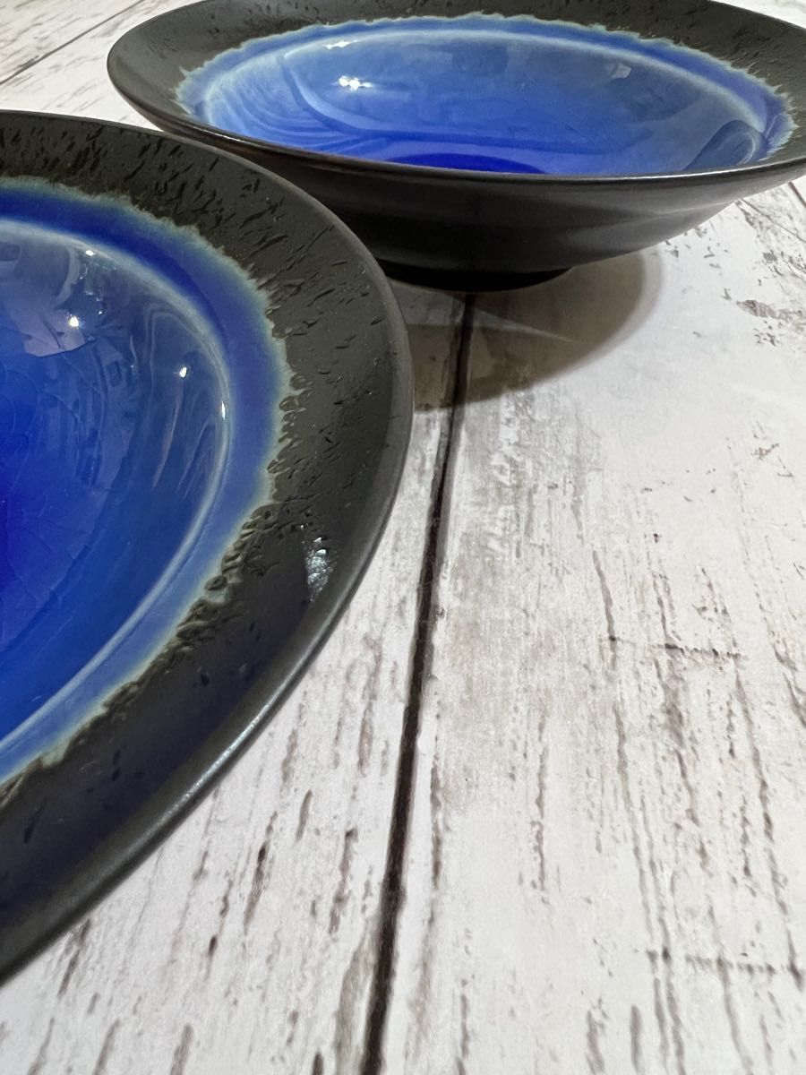ブルー×ブラックプレート 中皿16cm 2枚 副菜皿 和食器 美濃焼 陶器 オシャレ カフェ風
