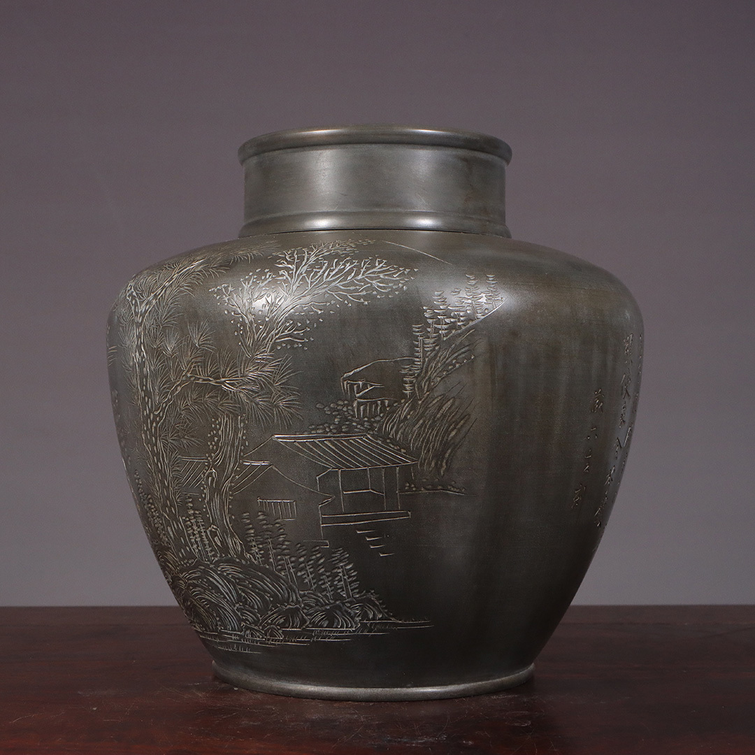 古錫 茶葉罐 藏六居造 「錫刻山水人家図詩文大茶心壺」 茶筒 古錫 茶葉罐 藏六居造 「錫刻山水人家図詩文大茶心壺」 茶筒