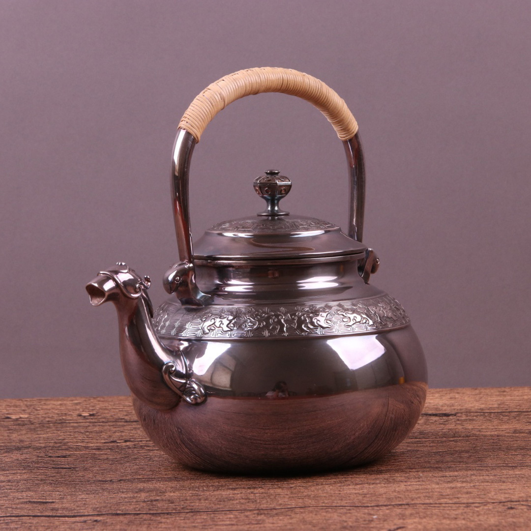 古銀 茶壺 蔵六居 造 「純銀製鏡面饕餮如意紋提梁壺」 銀瓶 煎茶 湯沸 急須 茶道具 金工 茶器 時代物 銀純度99.9% LT-07170