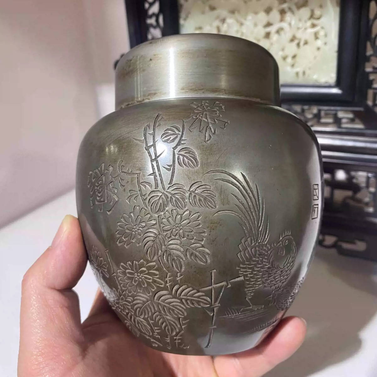 古錫 茶葉罐 林克瑞製 「錫刻大吉図詩文茶心壺」 茶筒 茶入 茶壷 茶道具 純錫 時代物 LT-07151