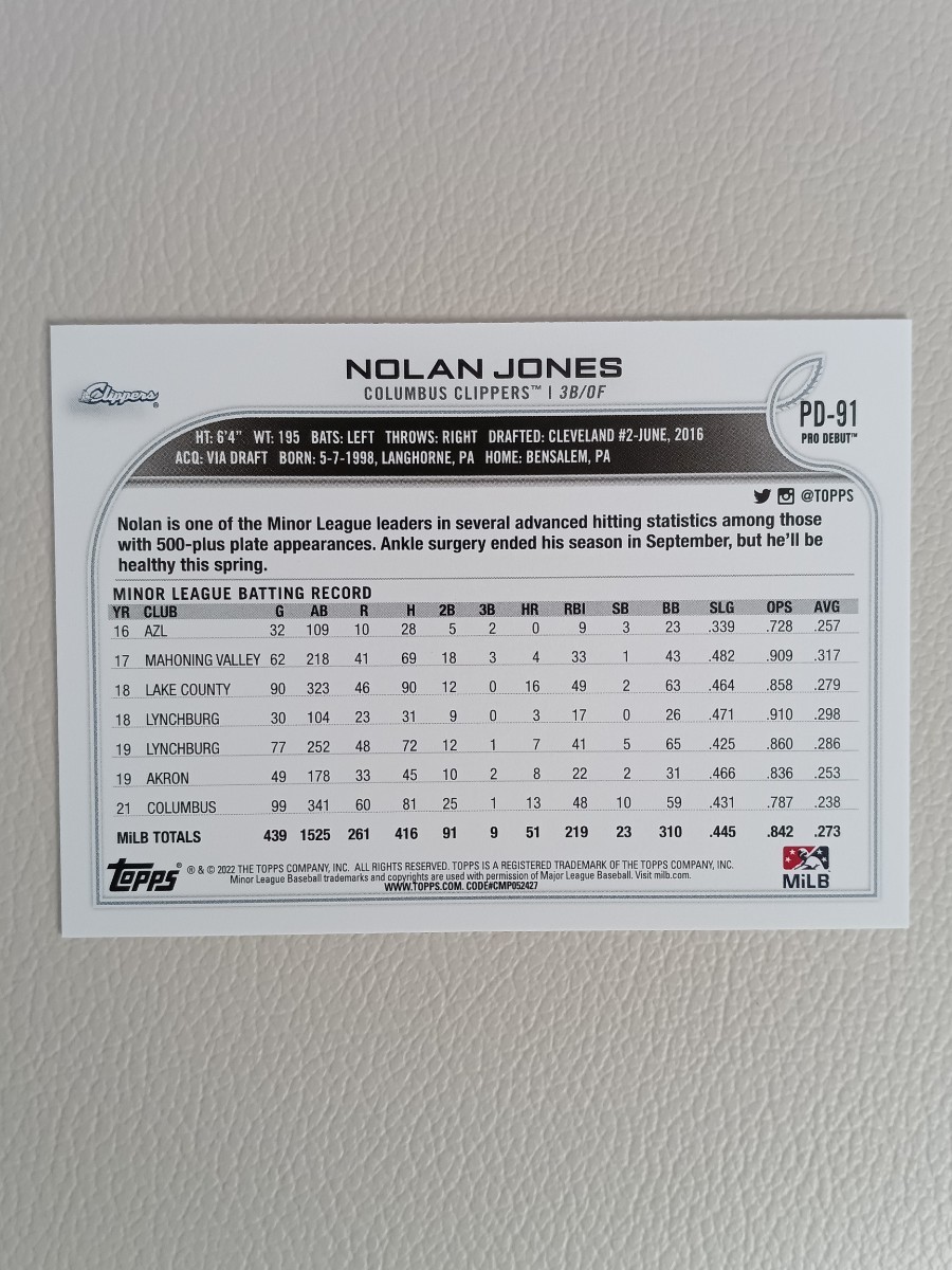 MLB 2022 TOPPS PRO DEBUT ノーラン ジョーンズ NOLAN JONES_画像2