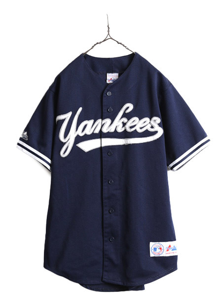 90s USA製 ■ MLB オフィシャル Majestic ヤンキース ベースボール シャツ メンズ M 古着 ユニフォーム ゲームシャツ メジャーリーグ 野球