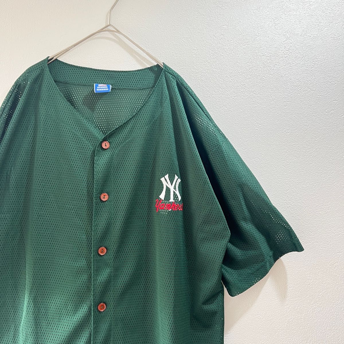 【USA製】ヤンキース ベースボールシャツ メッシュ champion XL Majestic NEW YORK 半袖シャツ