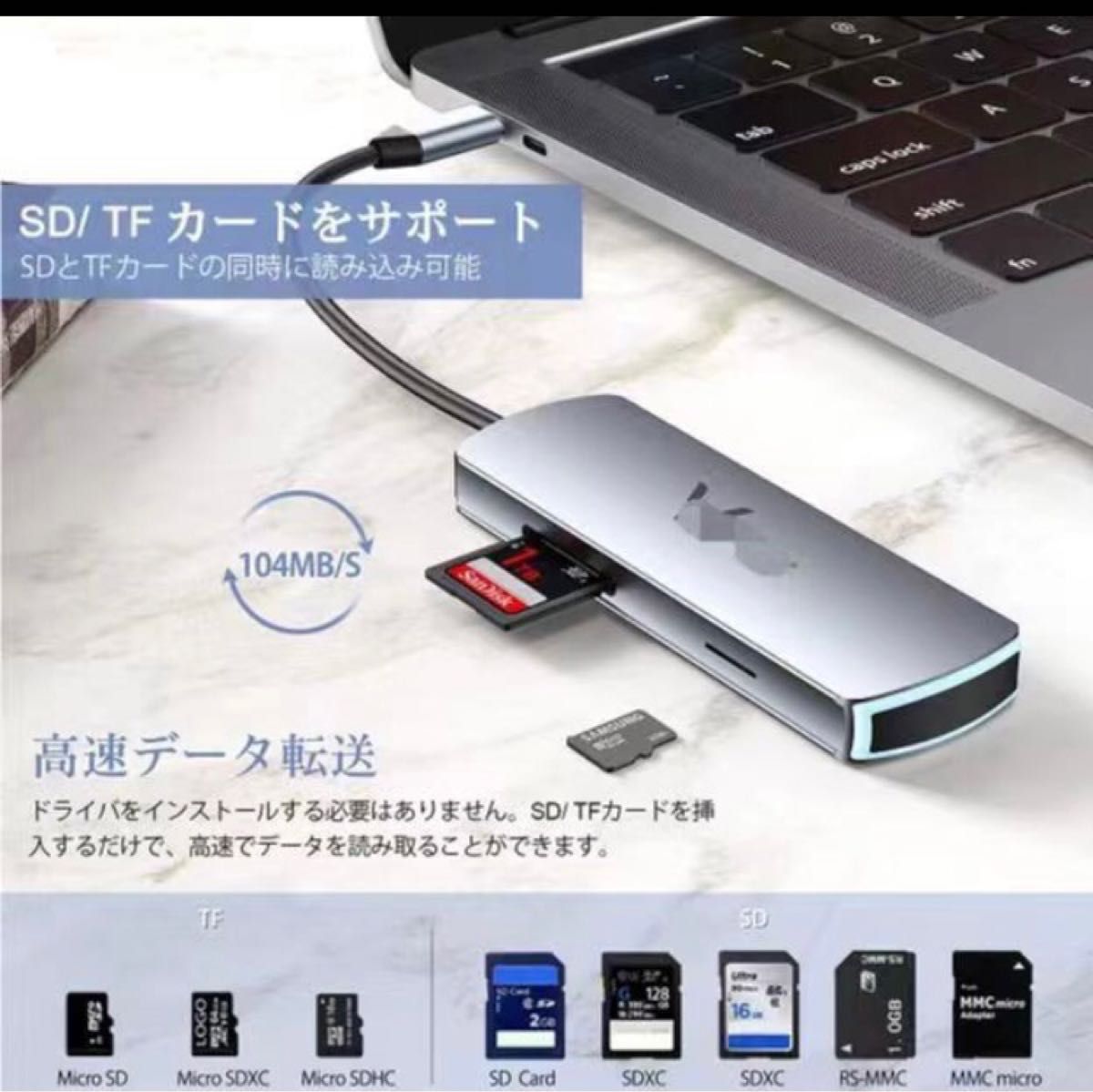 6 in 1 USBC ハブUSB3.0データ高速転送 SD TFカードリーダー