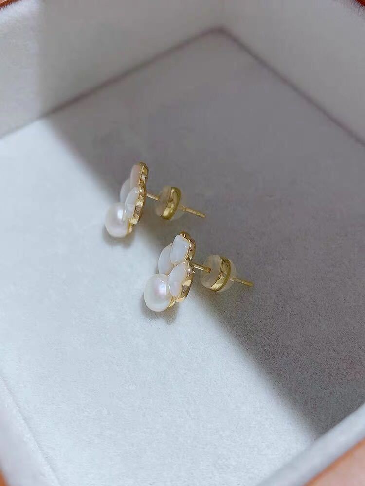 綺麗！天然本真珠ピアス5.8mm カメリアデザインパールピアス　k18仕上げ　天然真珠×天然貝殻_画像3