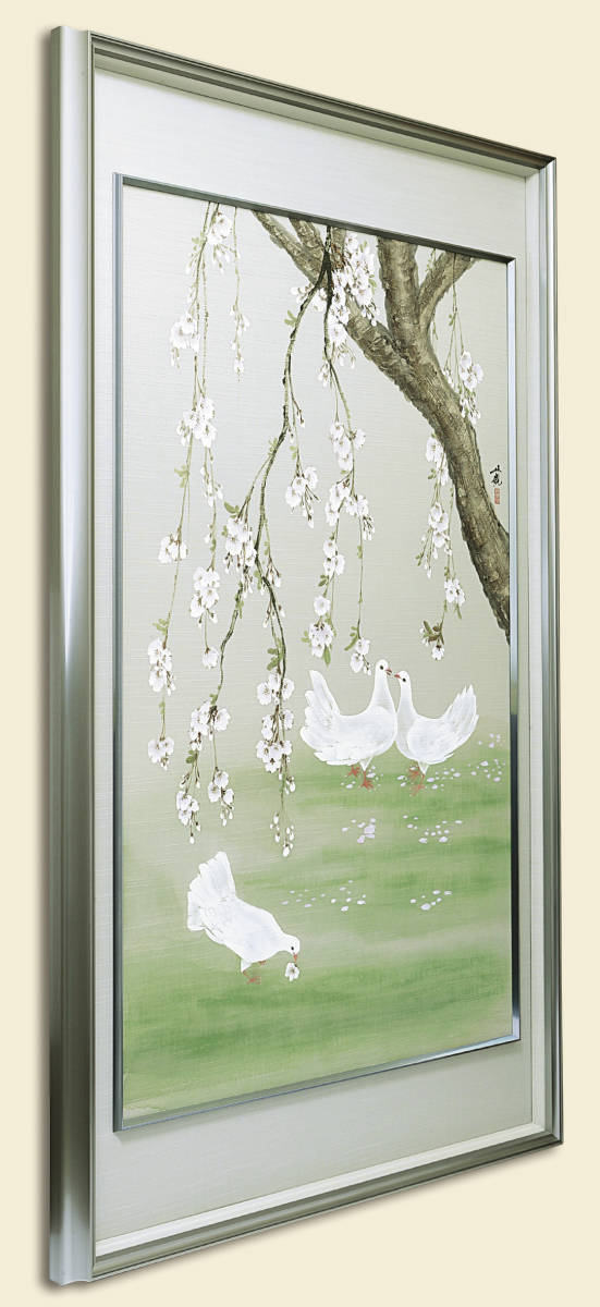 [ genuine work ]. interval regular . work [. branch shide Sakura . white dove ][ genuine work *2018 year work * condition excellent ] silk book@. color work color aluminium frame . amount size : width approximately 75cm× height approximately 120cm× thickness approximately 5cm