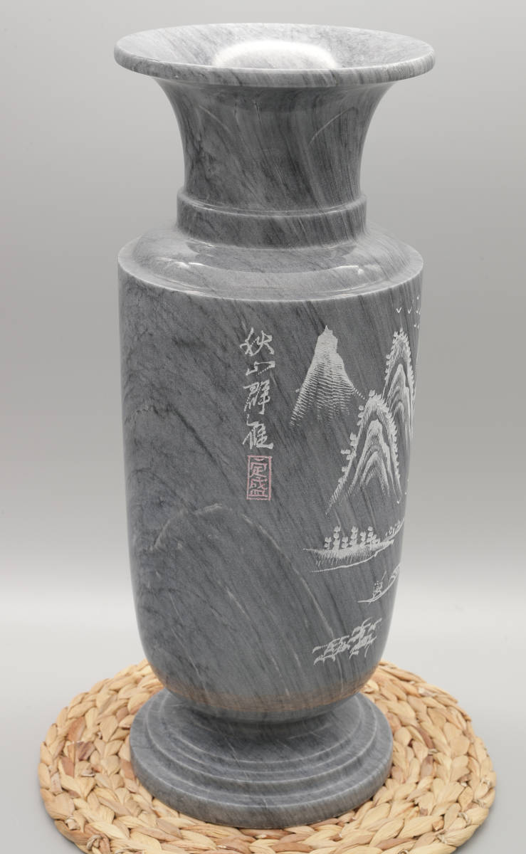 大理石製水画花器　花瓶　秋山群鶴　定盛　高約46cm×径約18cm 重量約10kg_画像2