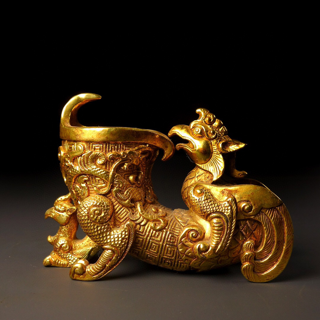 銅製・塗金・瑞獣爵杯『収蔵家蔵』稀少珍品・置物・古賞物・中国古美術-