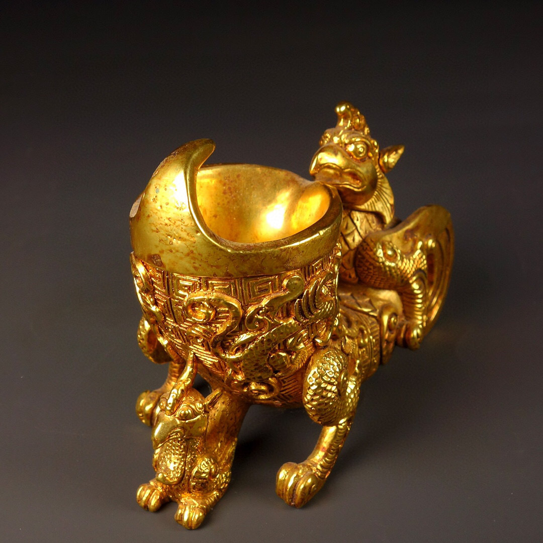 銅製・塗金・瑞獣爵杯『収蔵家蔵』稀少珍品・置物・古賞物・中国古美術-