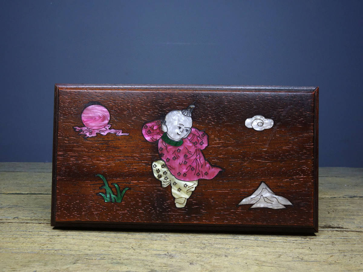 花梨木製・細密彫・貝殼嵌・彩繪・童子紋・首飾盒『収蔵家蔵』稀少珍品