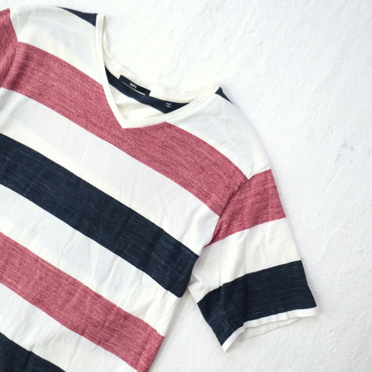 [ free shipping ]SHIPSl Ships MADE IN JAPAN border V neck T-shirt tricolor size L made in Japan 