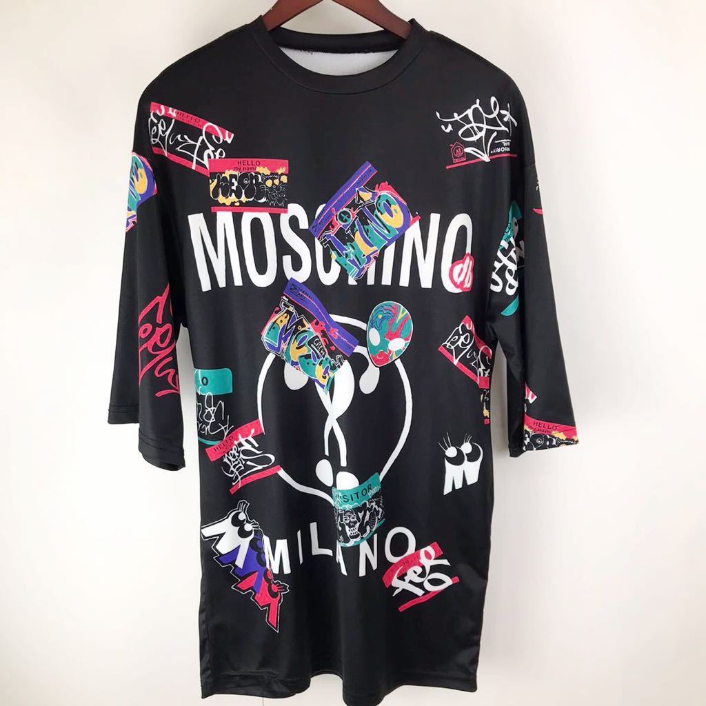 moschino モスキーノ 半袖 Tシャツ レディース 黒 ブラック 総柄 カジュアル ビンテージ ユーモア アート プリント ドライ_画像1