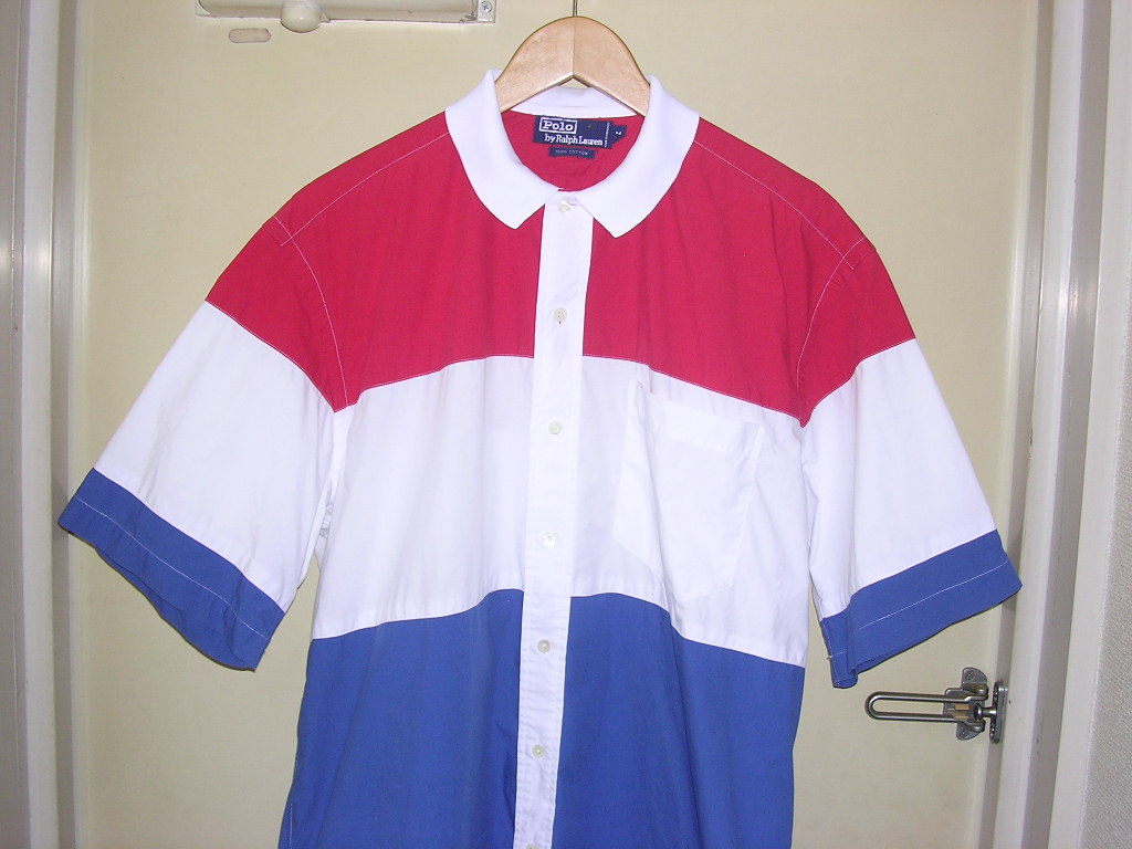 90s ラルフローレン 袖ロゴ 半袖シャツ M トリコロール ボーダー vintage old BIG POLO 1992 1993 stadium snow beach