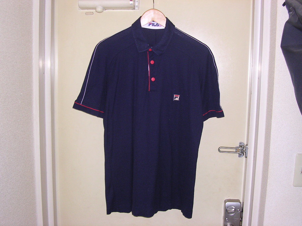 70s 80s 90s Italy made filler FILA sleeve line polo-shirt US46 navy vintage oldbiyomborug jersey 