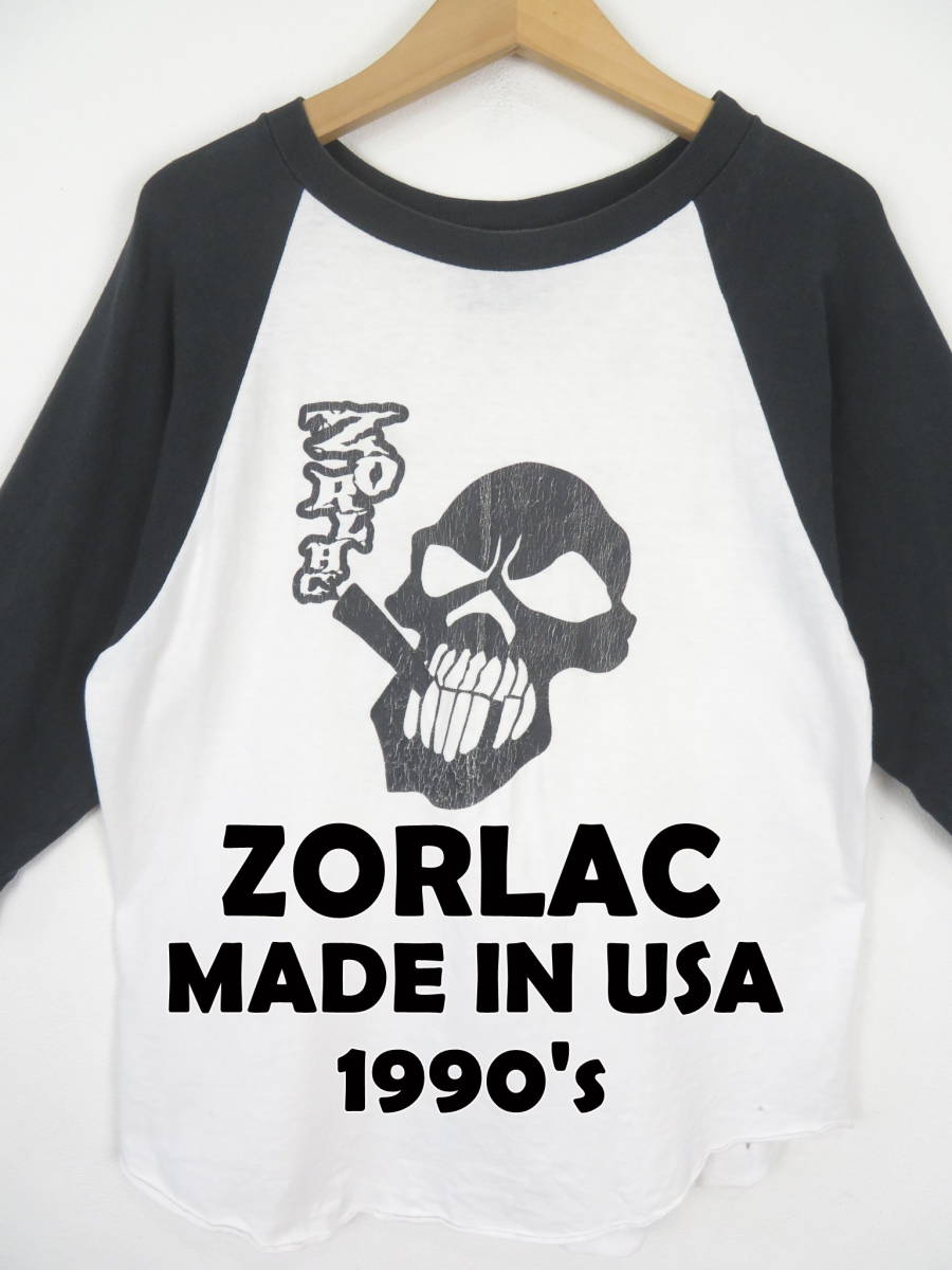 90s ゾーラック ZORLAC ★ USA製 ラグラン Tシャツ L ★ アメリカ製 オールドスケート スケボー ヴィンテージ スカル ドクロ ガイコツ