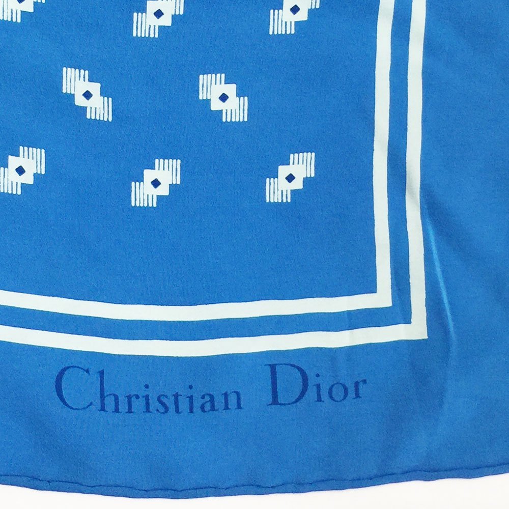 ◆クリスチャンディオール Christian Dior 幾何学柄 大判 スカーフ シルク レディース ブルー×ホワイト モノグラム ストール 6BC/88371_画像2