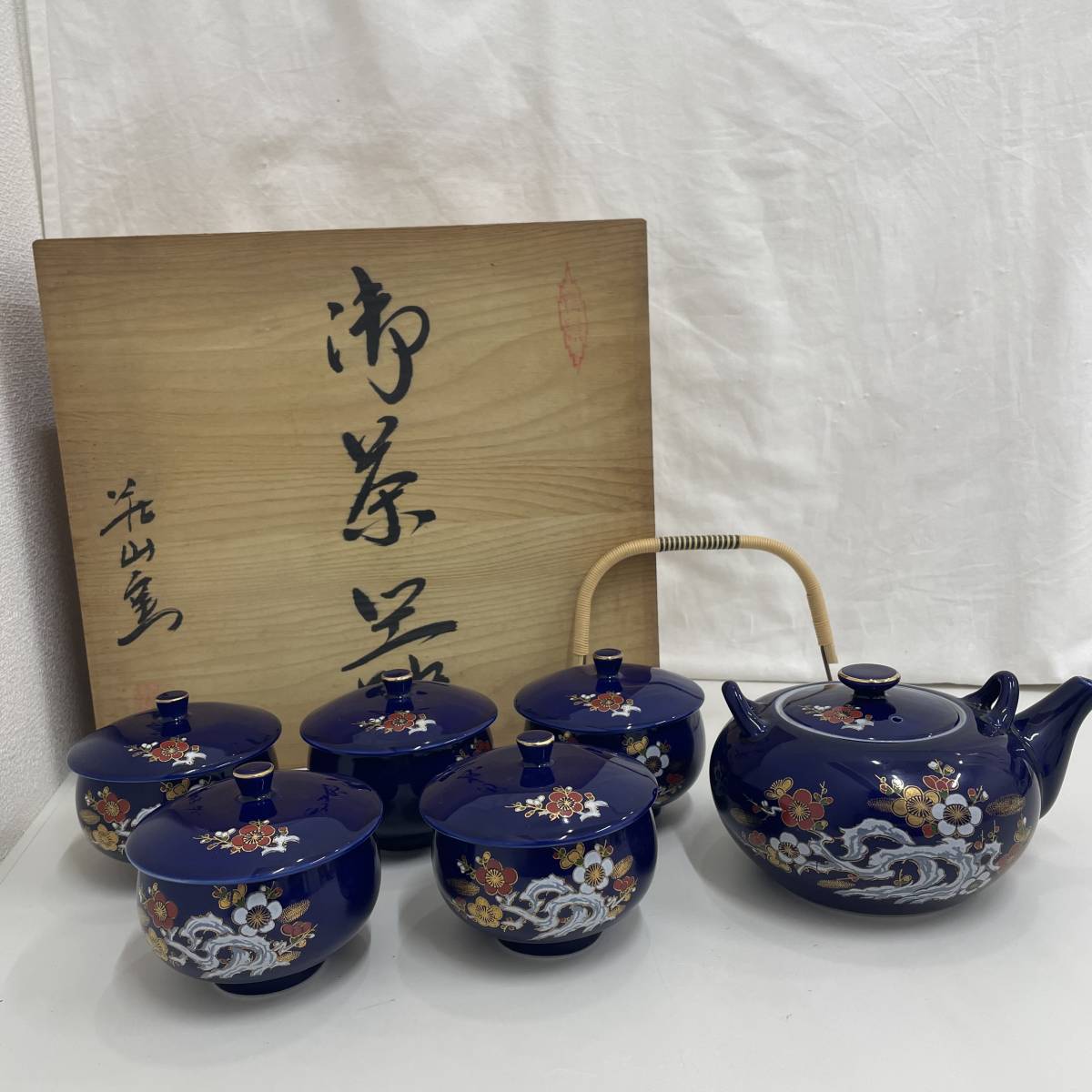 6717 茶道具在銘九谷急須湯呑5客茶器セット蓋付き詳細不明共箱現状品