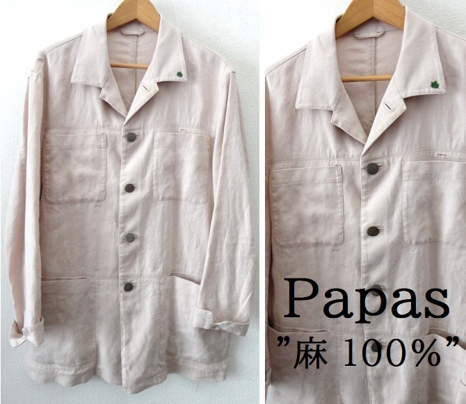 上質 麻100％/Papas:パパス/刺繍入り リネン カバーオール ジャケット/ハーフコート/ベージュ系/Lsize/日本製_画像1