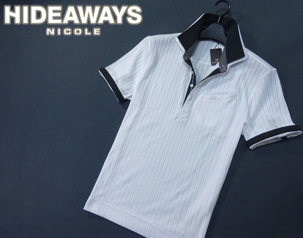 新文章▼HIDEAWAYS Hideaway Nicole▼雙領胸前口袋短袖多臂條紋polo衫48（L）WHT 原文:新品▼ HIDEAWAYS ハイダウェイニコル▼ ダブルカラー 胸ポケ付き 半袖 ドビーストライプポロシャツ48(L)WHT