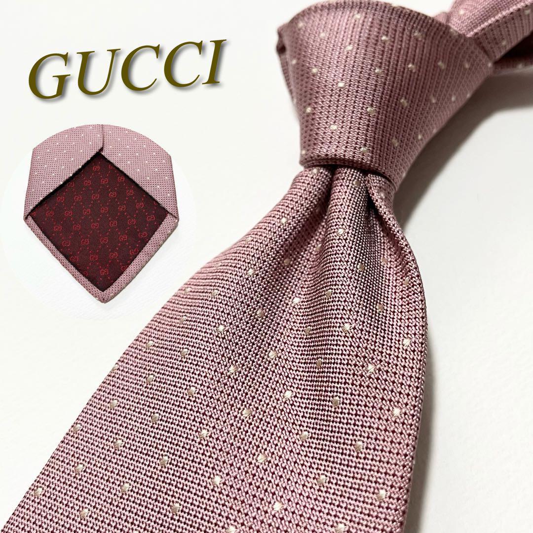 美品】GUCCI グッチ ネクタイ ドット柄 水玉 GG柄 ピンクゴールド 結婚