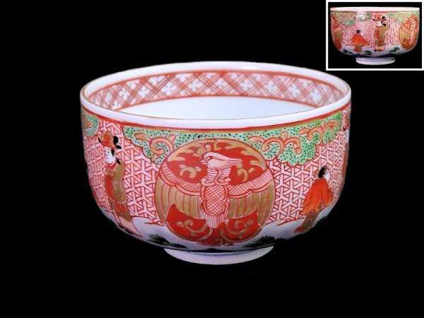 fbnj-E158mS　大聖寺伊万里　金襴手　毘沙門亀甲紋に唐人の図　りん茶碗