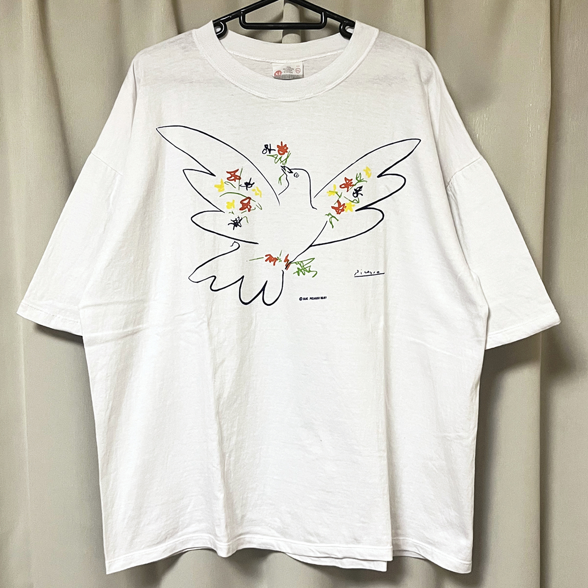 XLサイズ 90s ビンテージ PICASSO ピカソ Tシャツ ハト 花と鳩 ヨーロッパ ユーロ スペイン製 白 ホワイト アート 芸術 動物 鳥 vintageの画像2