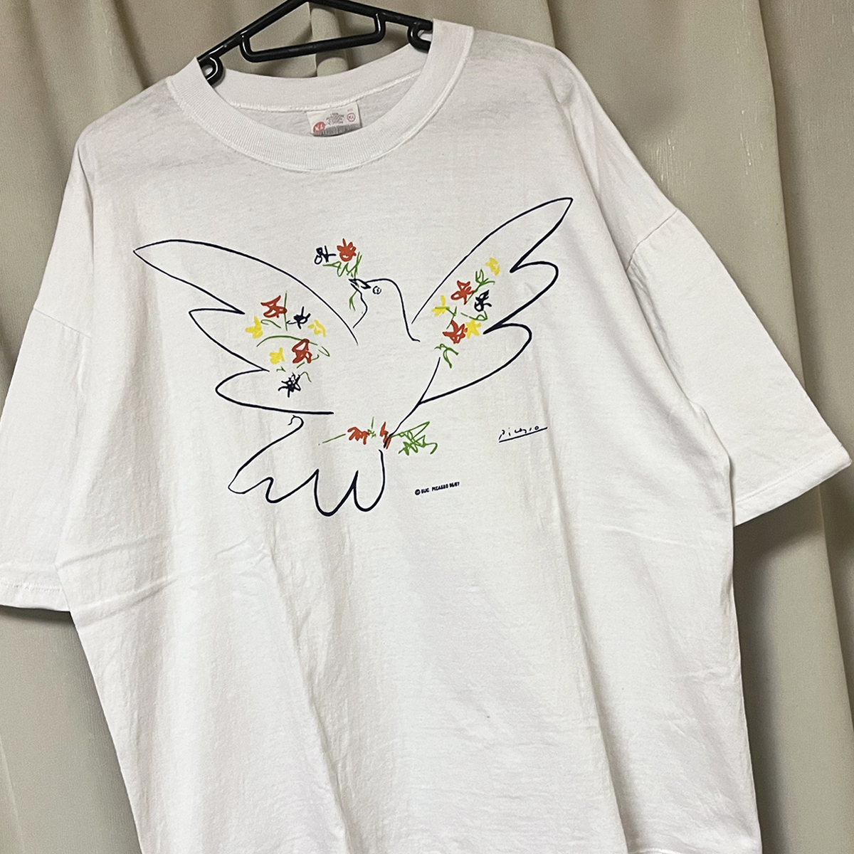 XLサイズ 90s ビンテージ PICASSO ピカソ Tシャツ ハト 花と鳩 ヨーロッパ ユーロ スペイン製 白 ホワイト アート 芸術 動物 鳥 vintageの画像1