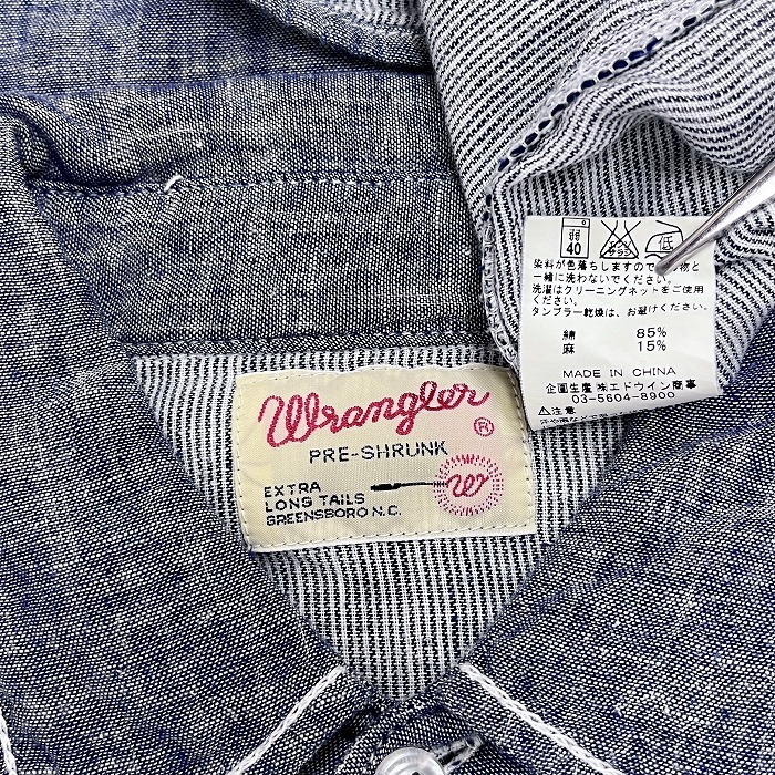 ラングラー Wrangler ダブルガーゼシャツ ウエスタン 長袖 ドットボタン留め 内側がストライプ 綿×麻 M ヘザーブルー 杢青 メンズ_画像3