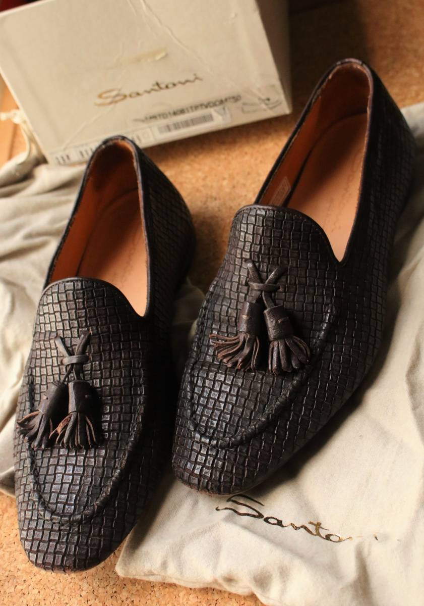 イタリア SANTONI サントーニ ドライビングシューズ タッセルローファー ダークブラウン サイズ6.5(25相当) 型押しレザー