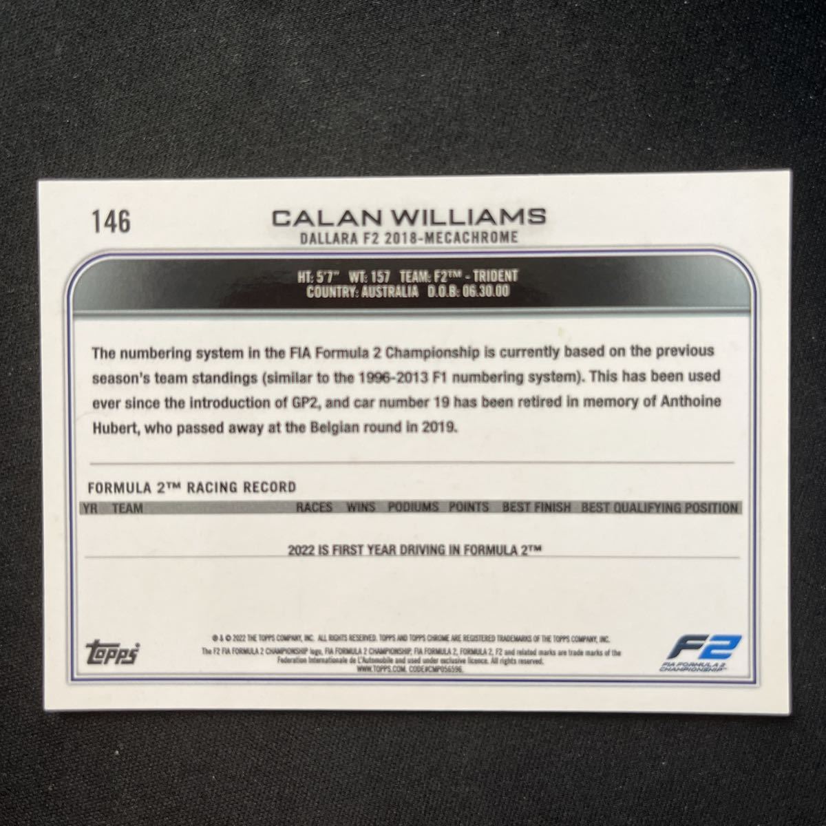 2022 Topps Chrome Formula2 Calan Williams 146_画像2