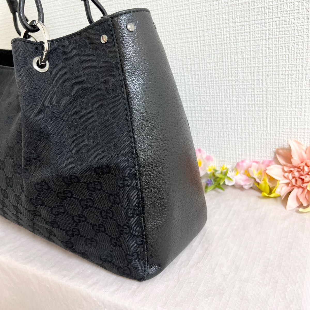 極美品グッチ GUCCI GGキャンバス レザー トートバッグ 黒 ブラック