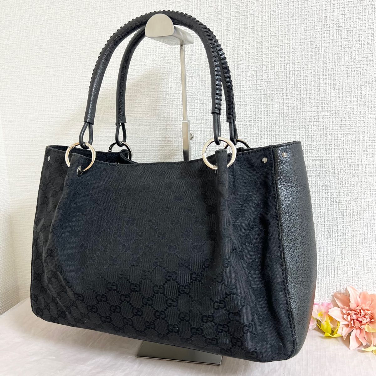 極美品グッチ GUCCI GGキャンバス レザー トートバッグ 黒 ブラック