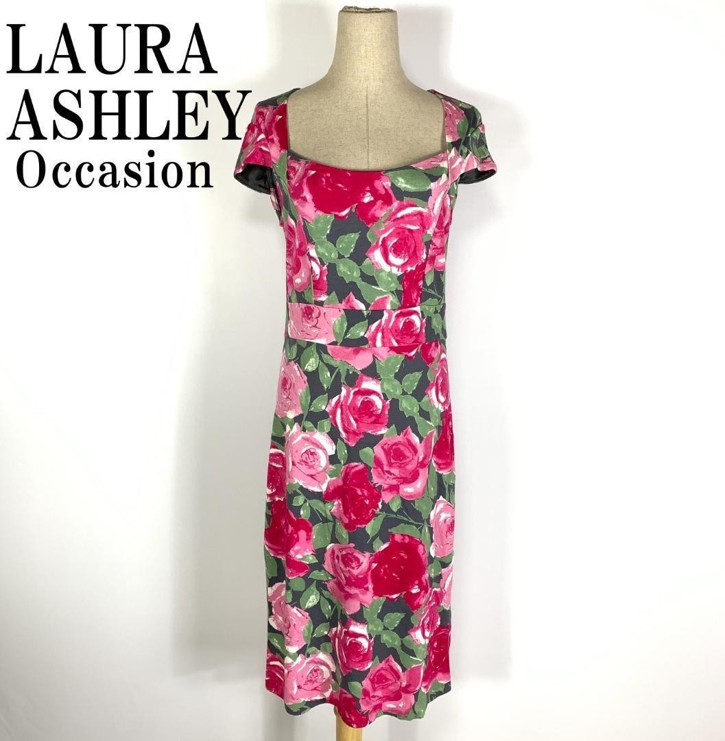 LA6956 ローラアシュレイ 花柄フレアワンピース ピンク バラ LAURA ASHLEY OCCASION 半袖 スクエアネック 薔薇 マルチカラー UK10_画像1