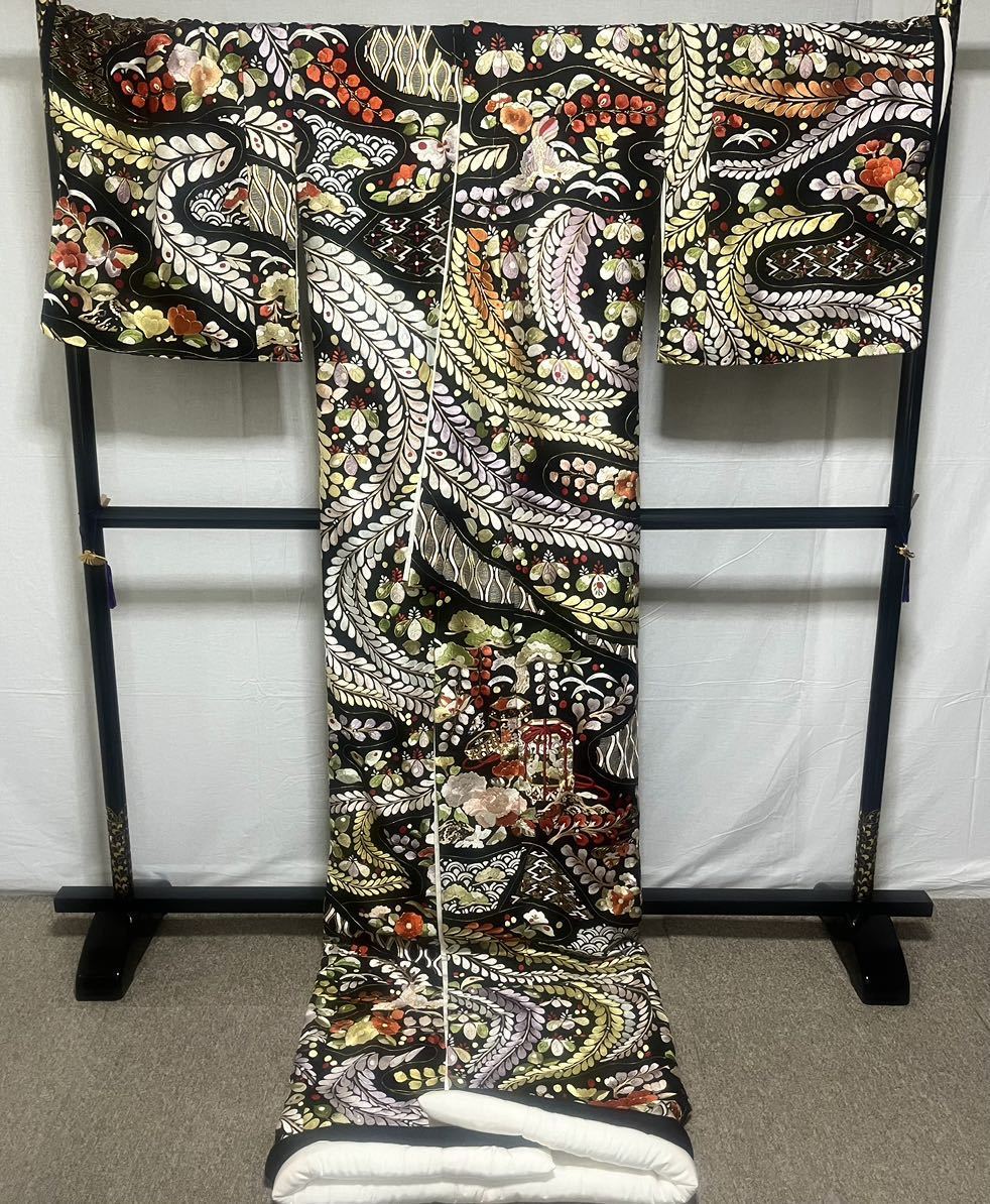 大衆演劇 舞台 衣装 立役 着流し 着物 総刺繍 唐織 黒地 藤 素材不明 しつけ糸付き未使用 美品 3