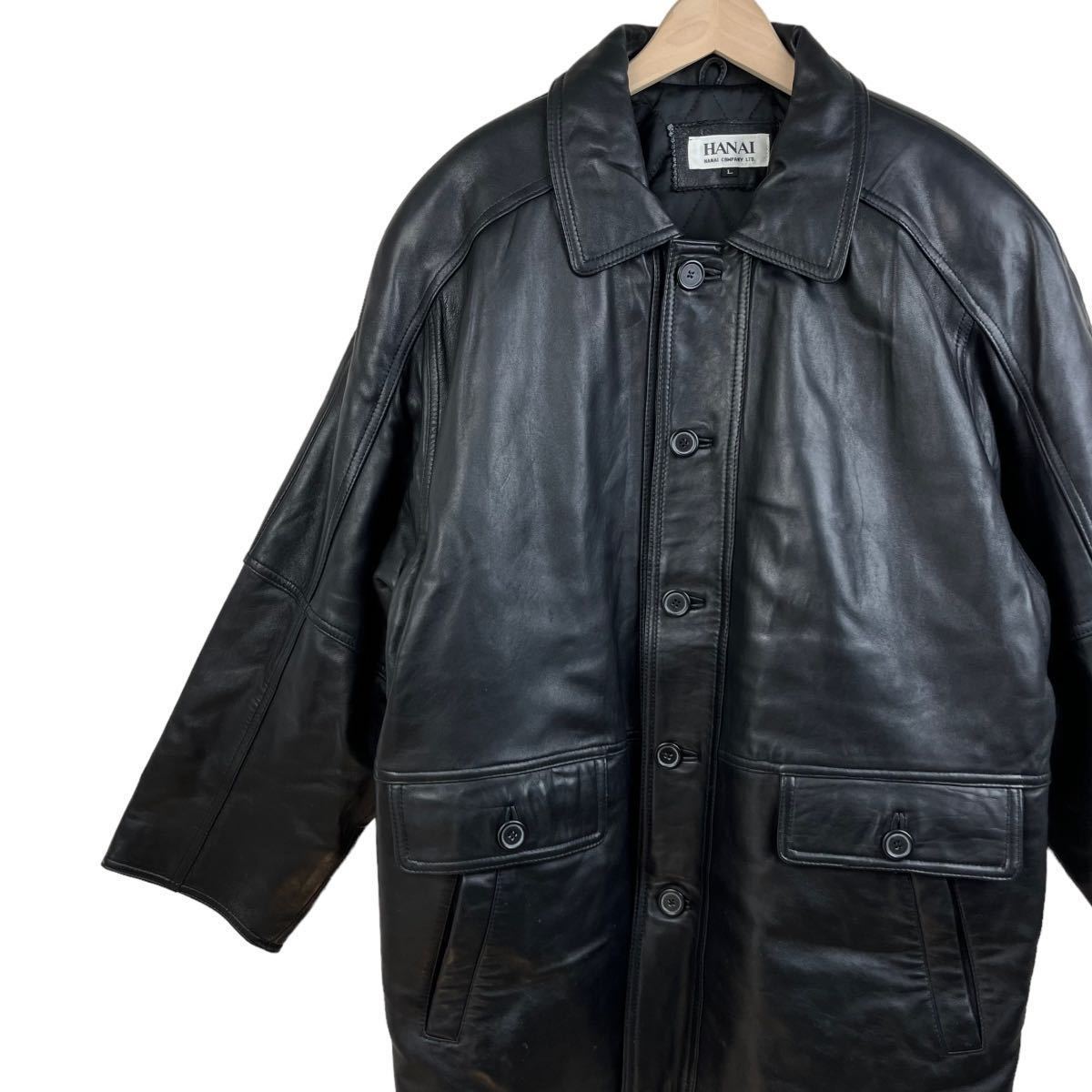 サイズL★HANAI COMPANY★ 裏地キルティング レザーハーフコート レザージャケット 本革 羊革 革ジャン 黒 ハナイ メンズ T2386 古着公園