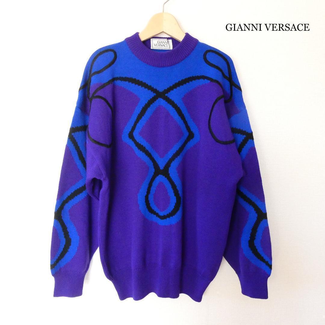  beautiful goods GIANNI VERSACE Gianni Versace size 46mok neck long sleeve knitted sweater total pattern purple blue 