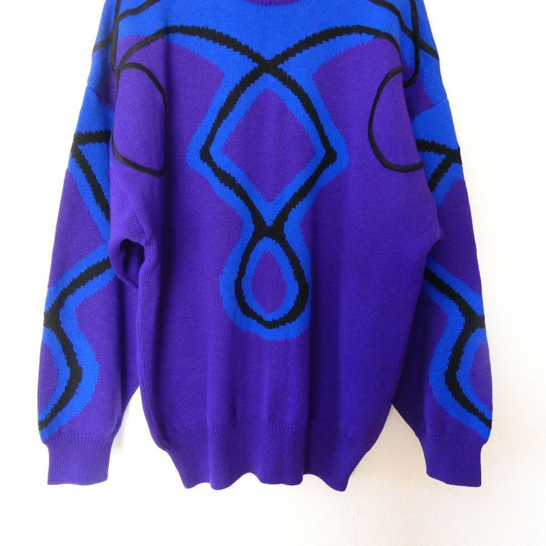  beautiful goods GIANNI VERSACE Gianni Versace size 46mok neck long sleeve knitted sweater total pattern purple blue 