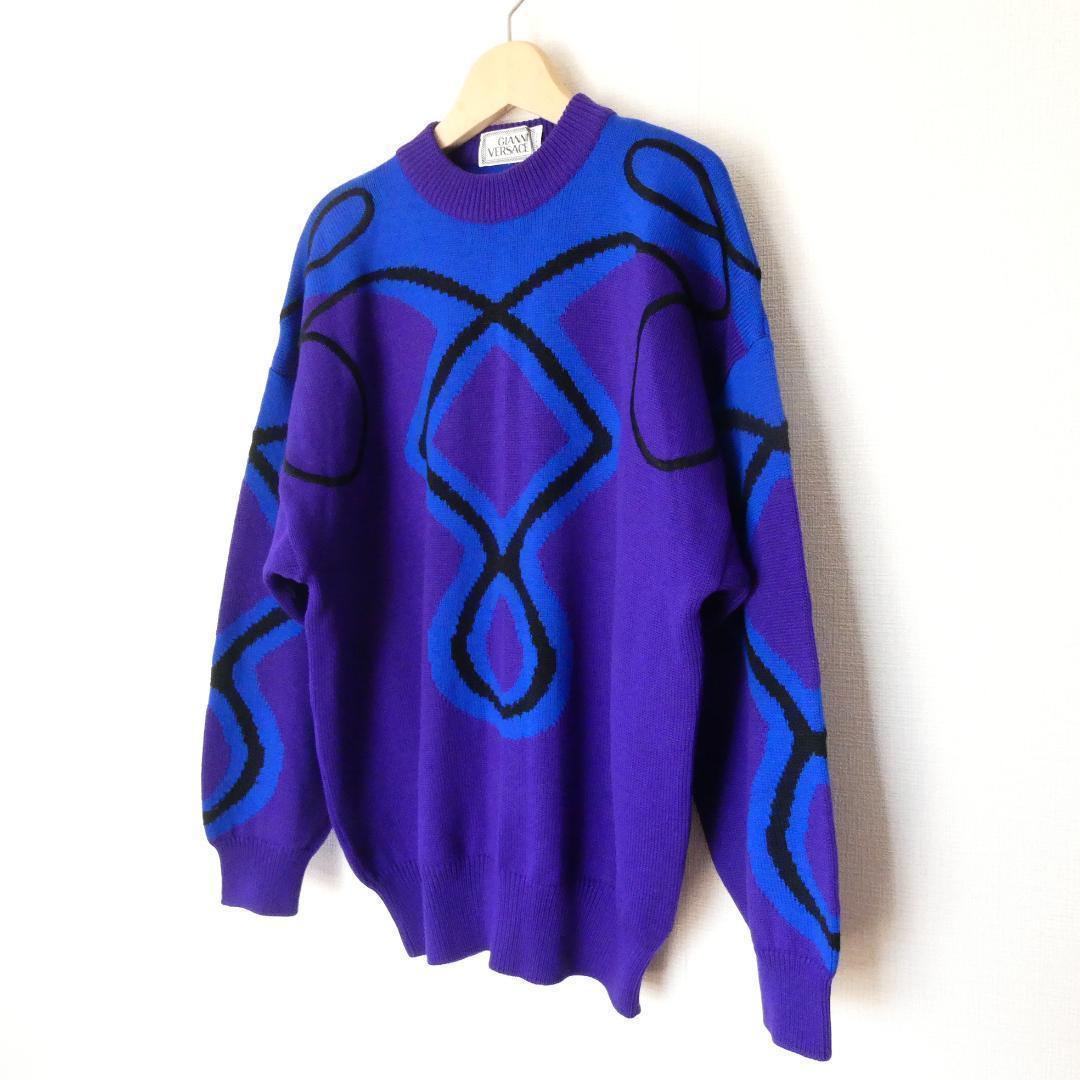  beautiful goods GIANNI VERSACE Gianni Versace size 46mok neck long sleeve knitted sweater total pattern purple blue 